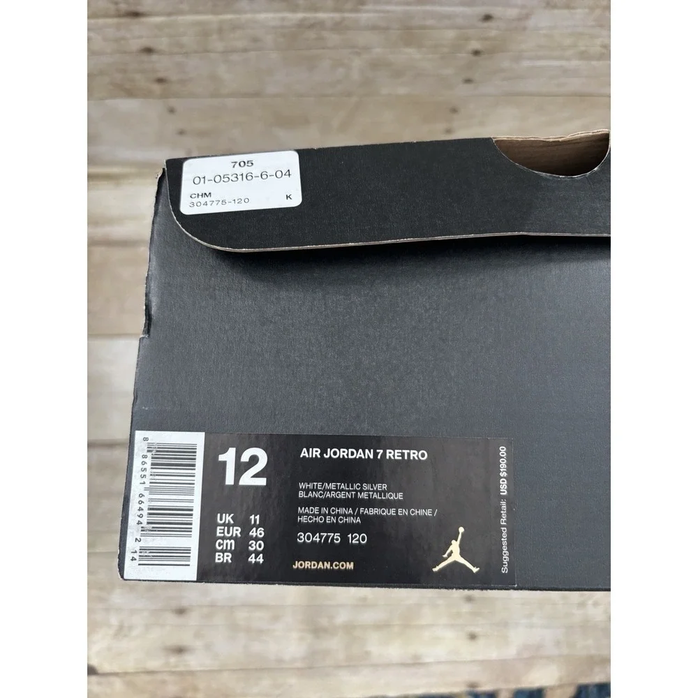 NIKE AIR JORDAN 7‎ RETRO WHITE-METALLIC SILVER SZ 12 (304775-120]